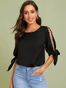 SHEIN Privé Pearls Split Knot Cuff Sleeve Top - Black - View 5