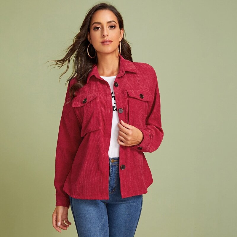 

Button Front Flap Pocket Detail Corduroy Coat, Burgundy