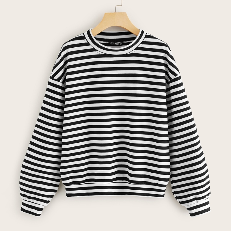 

Drop Shoulder Striped Pullover, Black and white
