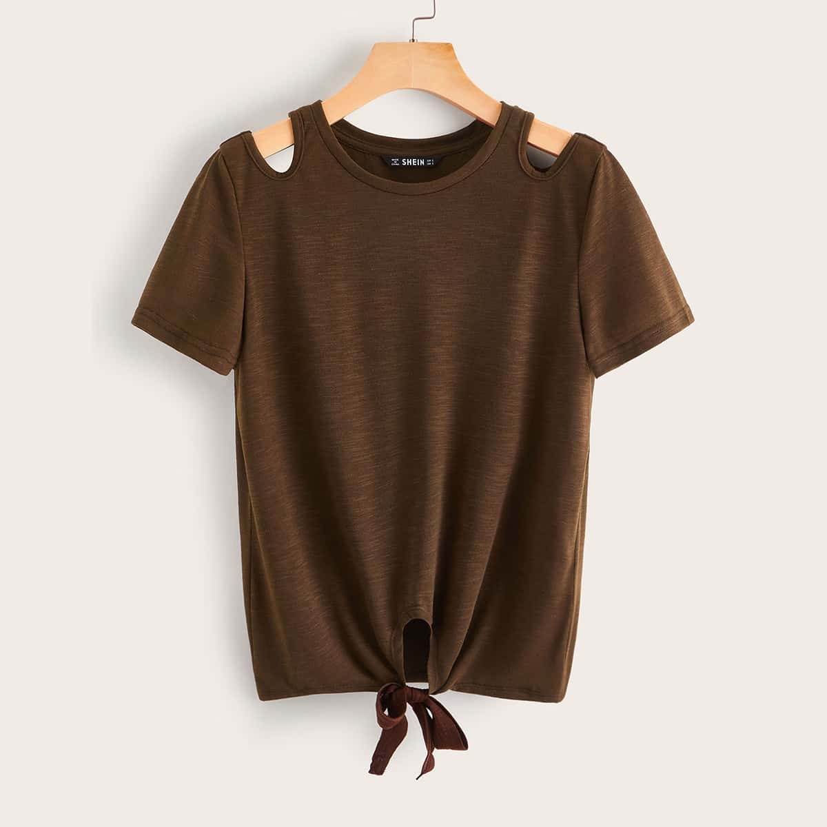 

Cut Out Shoulder Knot Hem Top, Brown