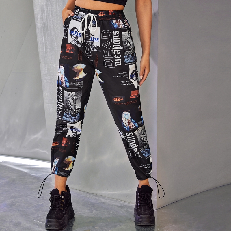 

Figure And Letter Print Drawstring Waist Sweatpants, Black