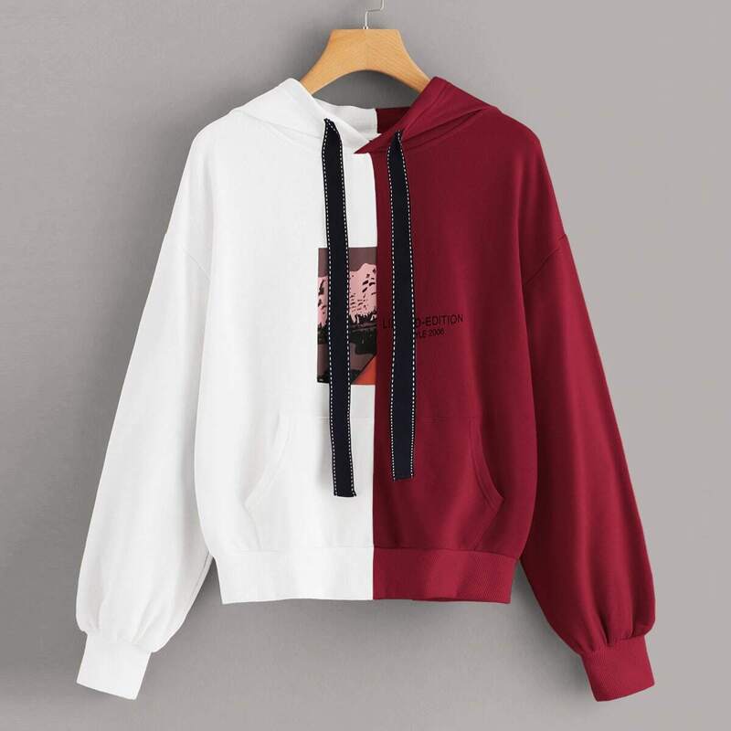 

Two Tone Graphic & Letter Print Drawstring Hoodie, Multicolor