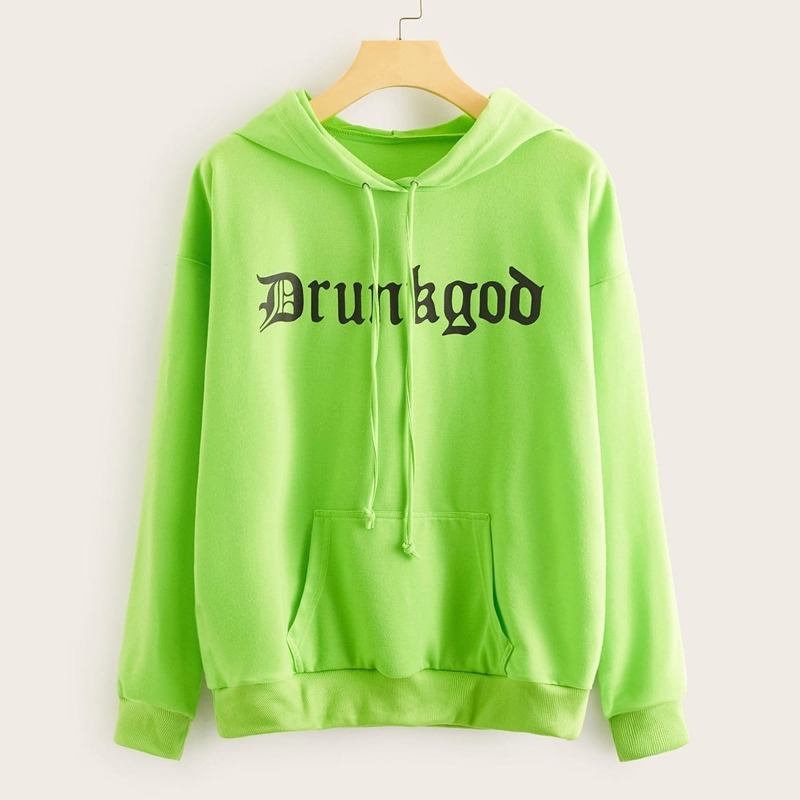 

Neon Green Letter Graphic Drawstring Hooded Sweatshirt, Green bright