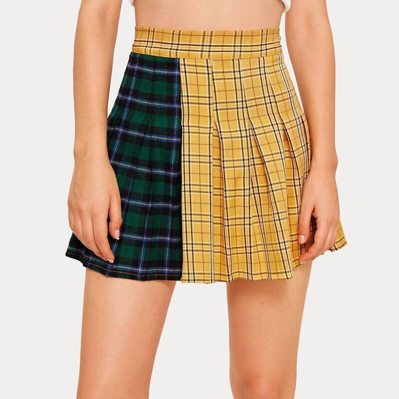 

Contrast Panel Tartan Pleated Mini Skirt, Yellow