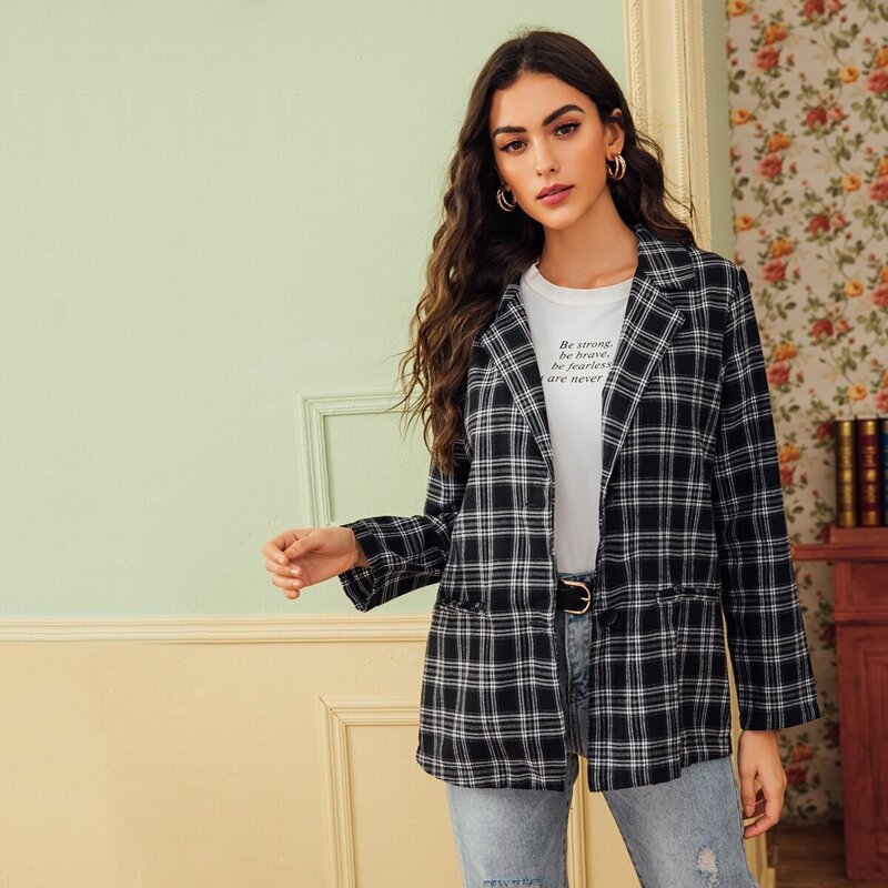 

Lapel Collar Plaid Button Front Blazer, Black and white