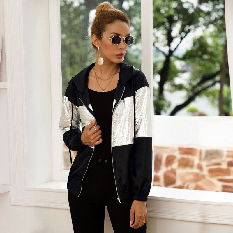 

Contrast Metallic Drawstring Windbreaker Hooded Jacket, Multicolor