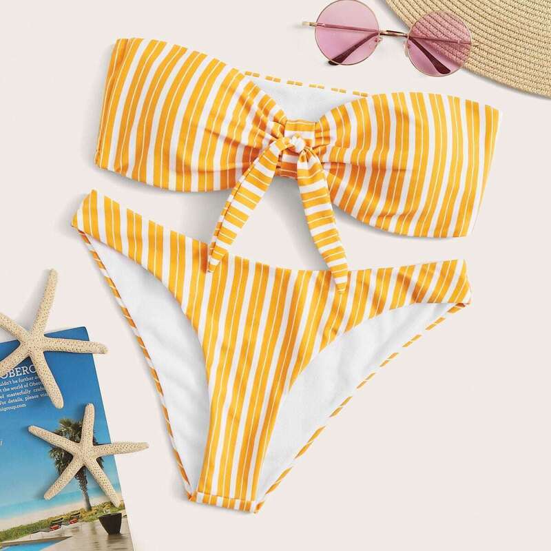 

Striped Knot Front Bandeau Bikini Set, Yellow