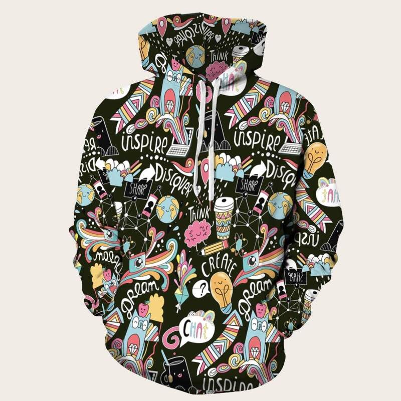 

Guys Allover Comic Print Drawstring Hoodie, Multicolor