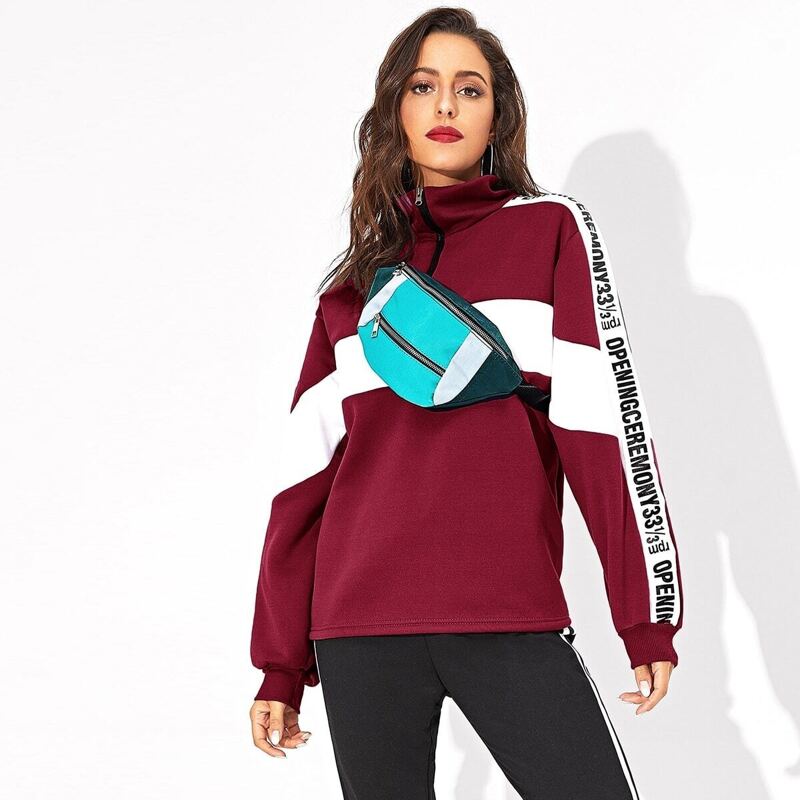 

Quarter Zip Contrast Panel Letter Tape Sweatshirt Without Bag, Burgundy