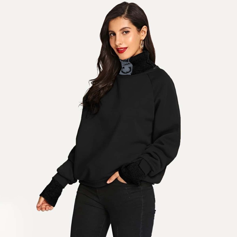 

Raglan Sleeve High Neck Combo Sweatshirt, Black