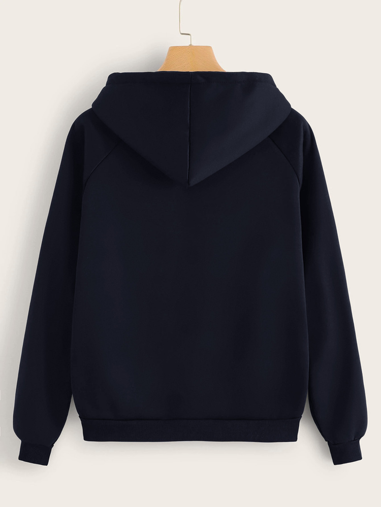 SHEIN Zip Up Kangaroo Pocket Drawstring Hoodie - Navy Blue - View 2