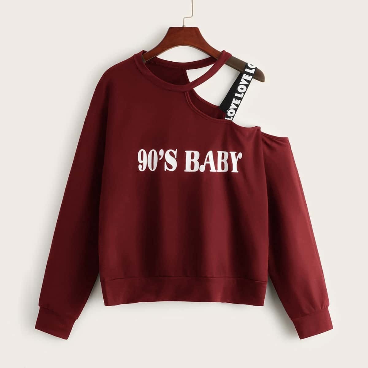 

Asymmetric Neck Letter Graphic Sweatshirt, Burgundy