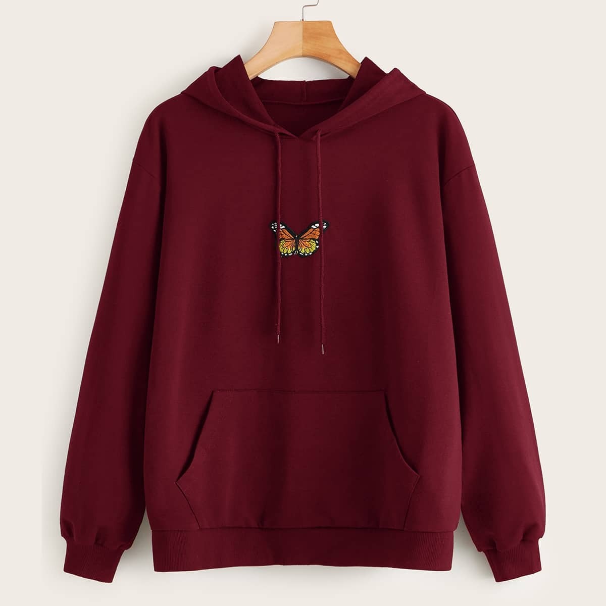 

Butterfly Embroidery Kangaroo Pocket Drawstring Hoodie, Burgundy