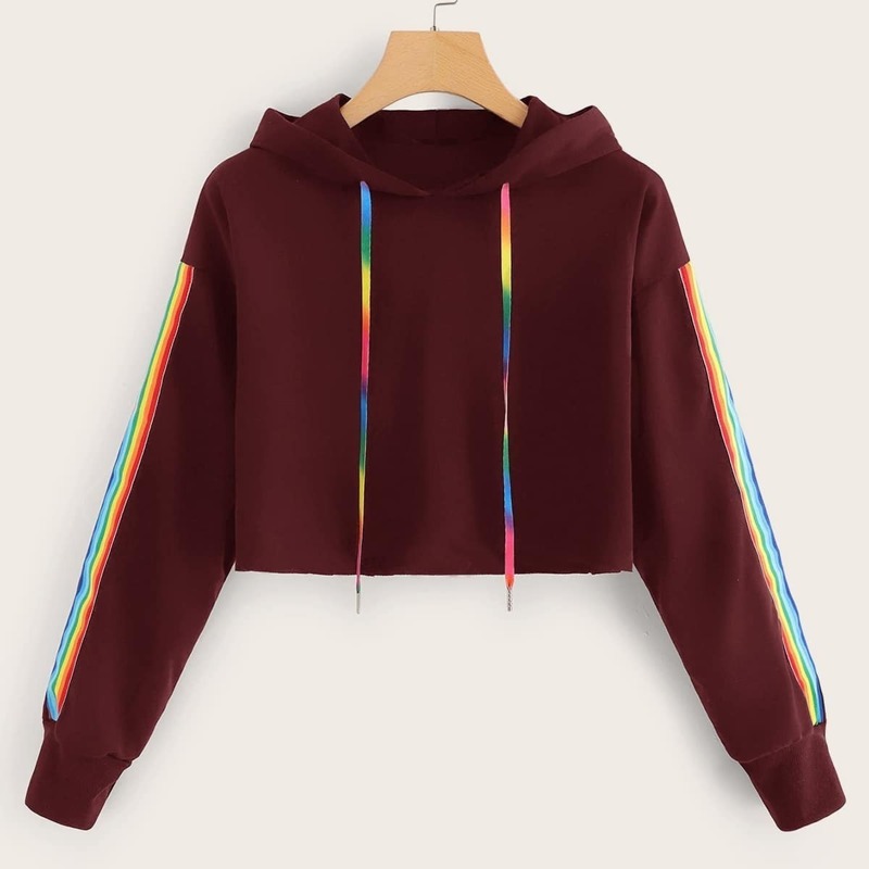 

Rainbow Stripe Tape Side Drawstring Hoodie, Burgundy