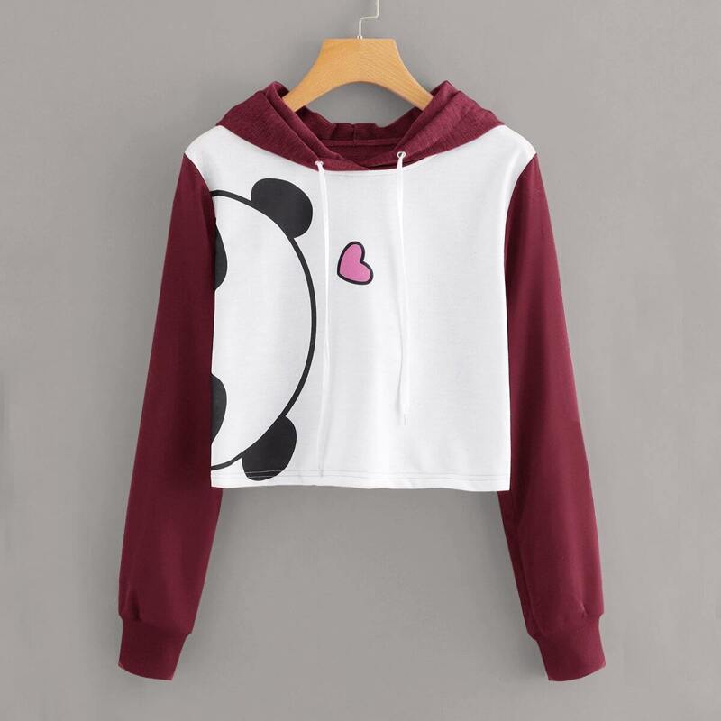 

Contrast Panel Panda Print Drawstring Hoodie, White