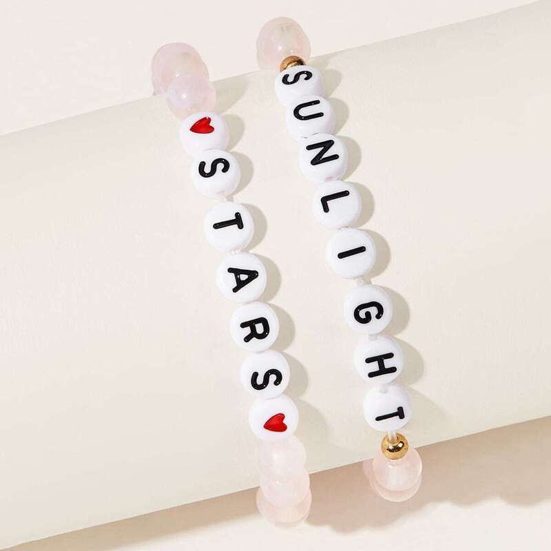 

Letter Print Beaded Bracelet Set 2pcs, Pink