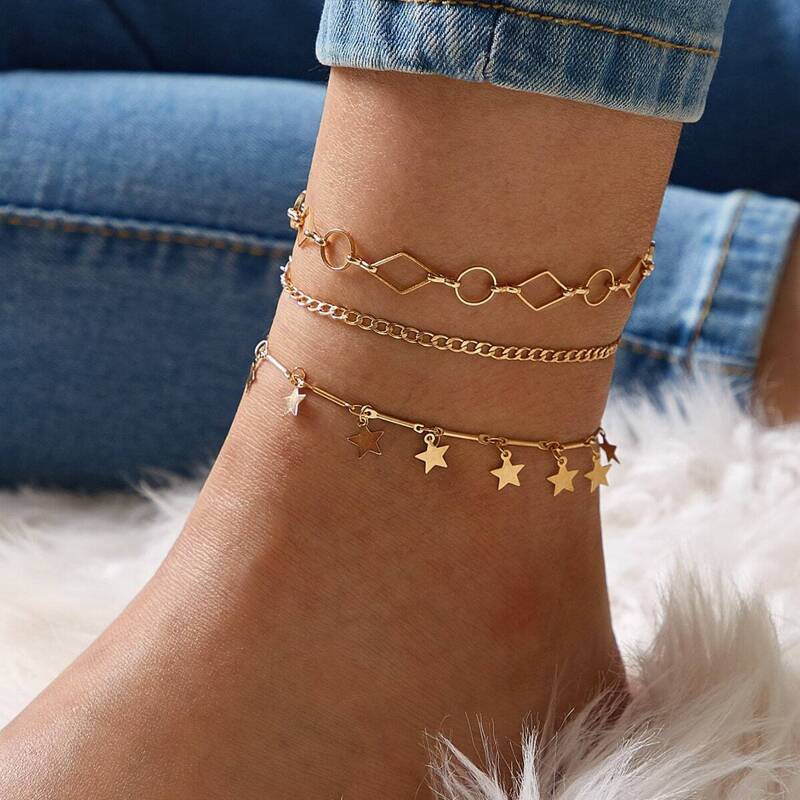 

Star & Geometric Decor Chain Anklet 3pcs, Gold