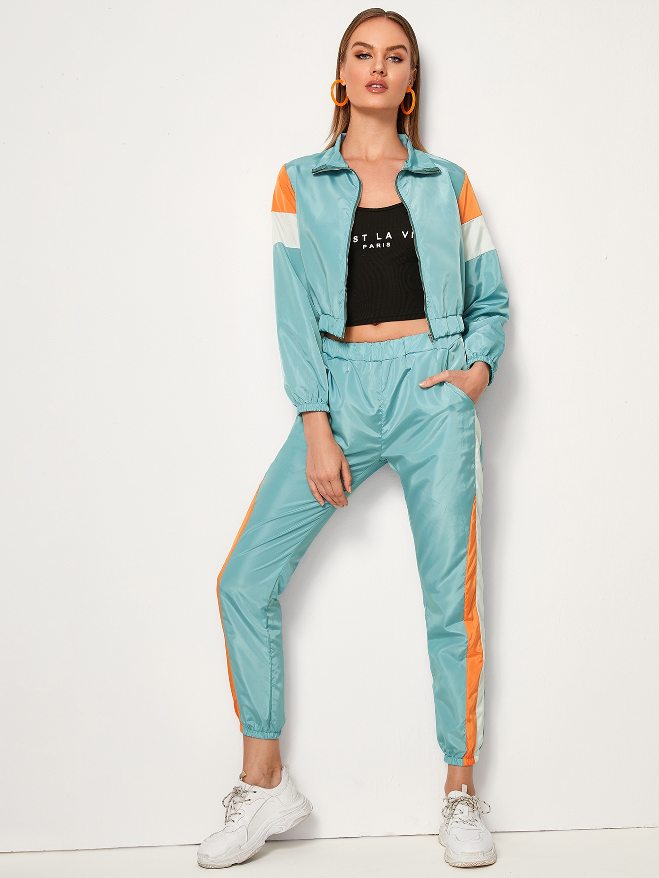 Conjunto de chandal rompevientos con cremallera panel en contraste | Mode  de Mujer | SHEIN España