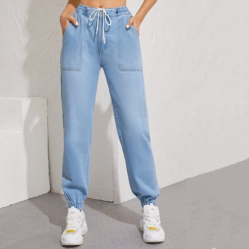 

Drawstring Waist Pocket Patch Jeans, Blue pastel
