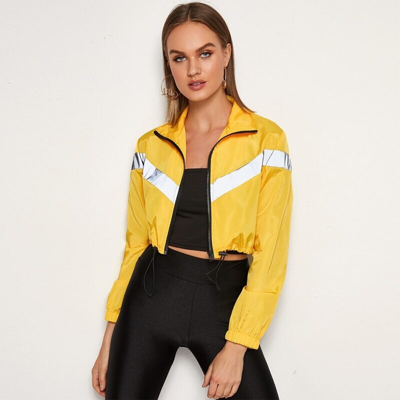 

Contrast Panel Drawstring Hem Reflective Windbreaker Jacket, Yellow