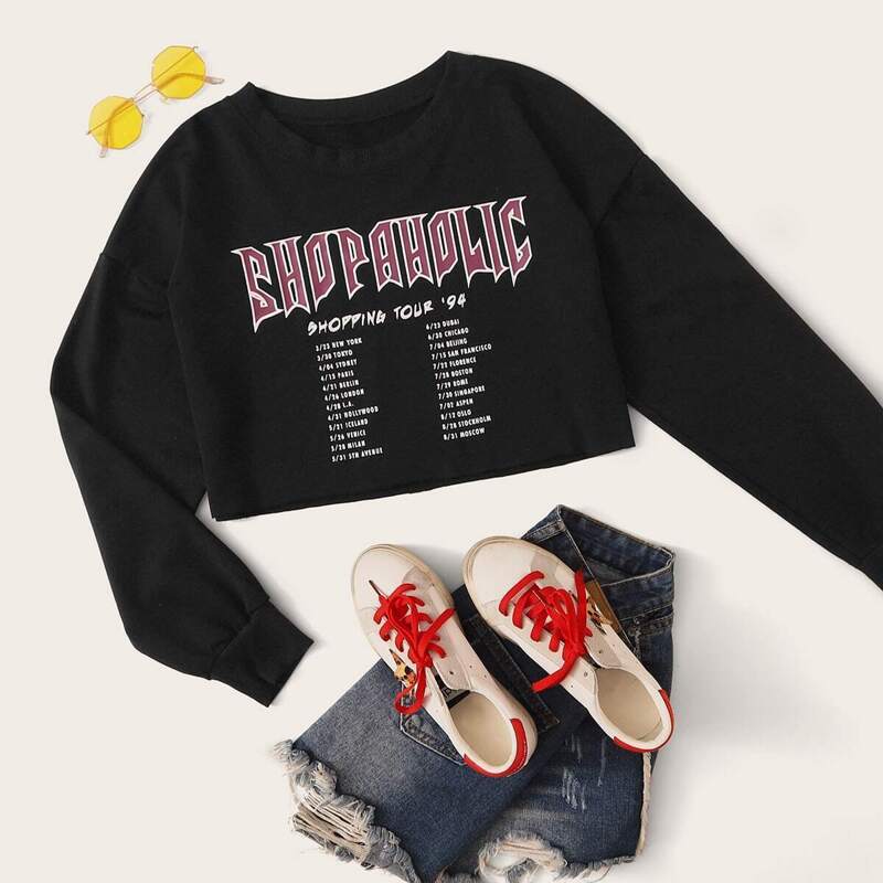 

Slogan Print Drop Shoulder Crop Sweatshirt, Black