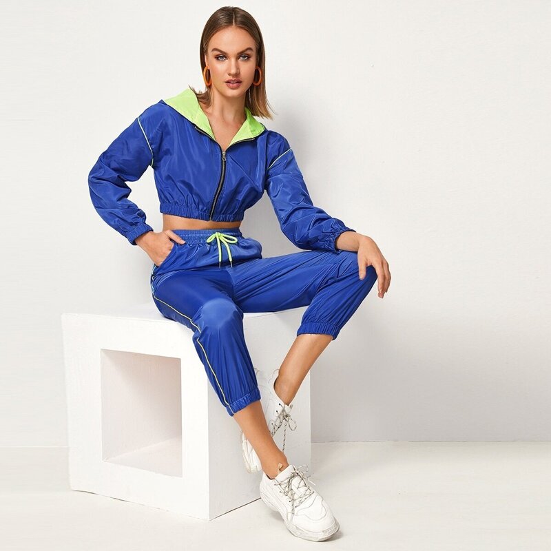 

Zipper Hooded Windbreaker Jacket & Drawstring Waist Sweatpants, Blue bright