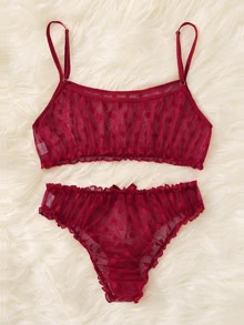 PetitDoll Polka Dot Mesh Frill Trim Sexy Bra & Panty Lingerie Set - Burgundy - View 2