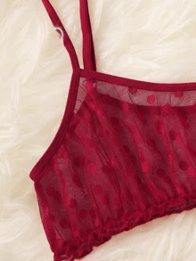 PetitDoll Polka Dot Mesh Frill Trim Sexy Bra & Panty Lingerie Set - Burgundy - View 3