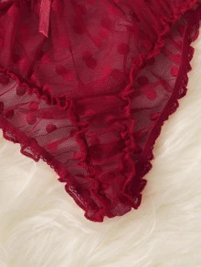 PetitDoll Polka Dot Mesh Frill Trim Sexy Bra & Panty Lingerie Set - Burgundy - View 4