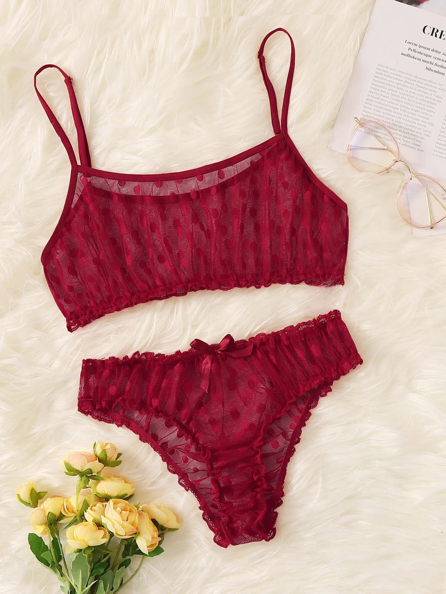 PetitDoll Polka Dot Mesh Frill Trim Sexy Bra & Panty Lingerie Set - Burgundy - View 1