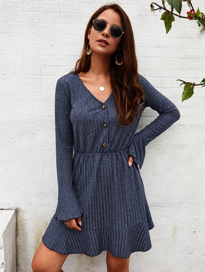 V-neck Button Front Space Dye A-line Dress