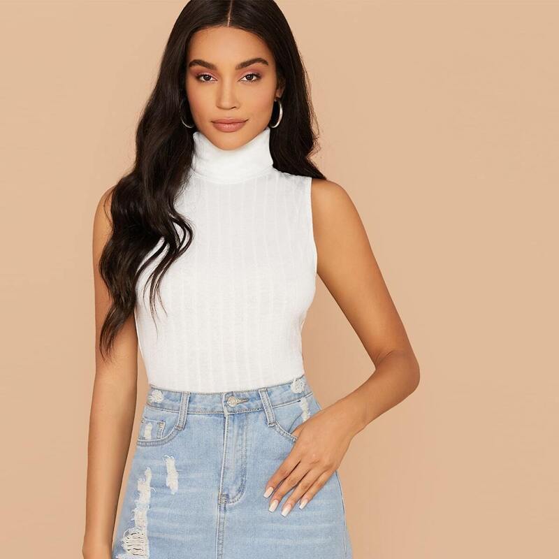 

High Neck Rib-knit Tank Top, White