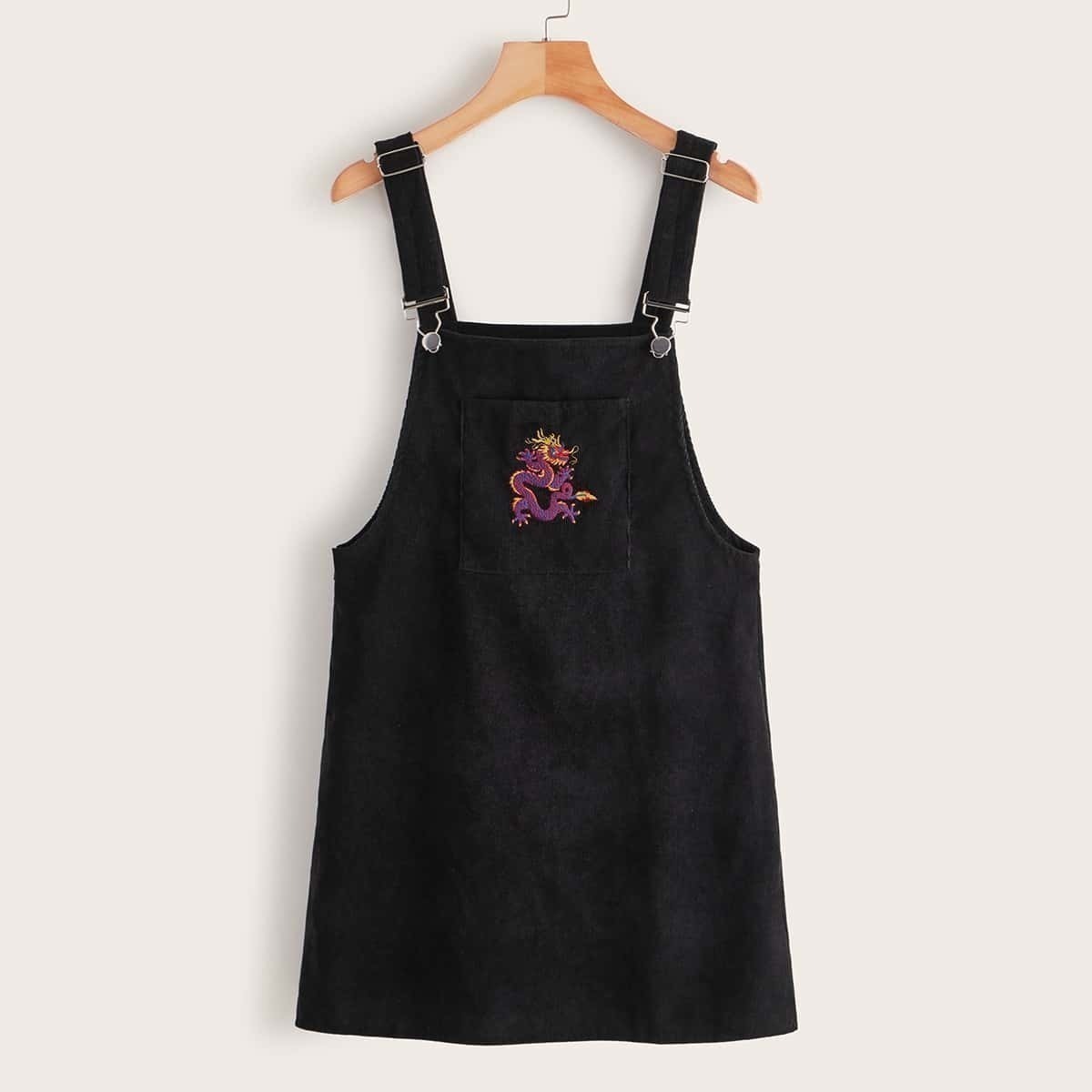 

Dragon Embroidery Pocket Front Corduroy Pinafore Dress, Black