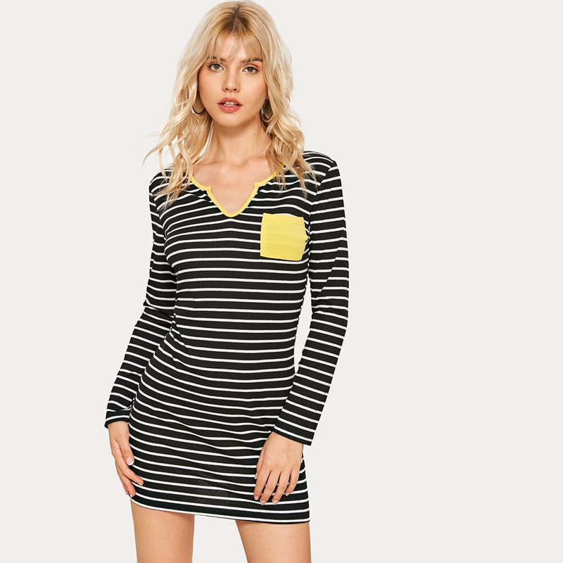 

Contrast Binding Striped Fitted Dress, Black