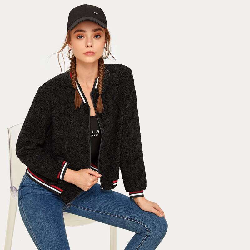 

Contrast Striped Trim Teddy Bomber Jacket, Black