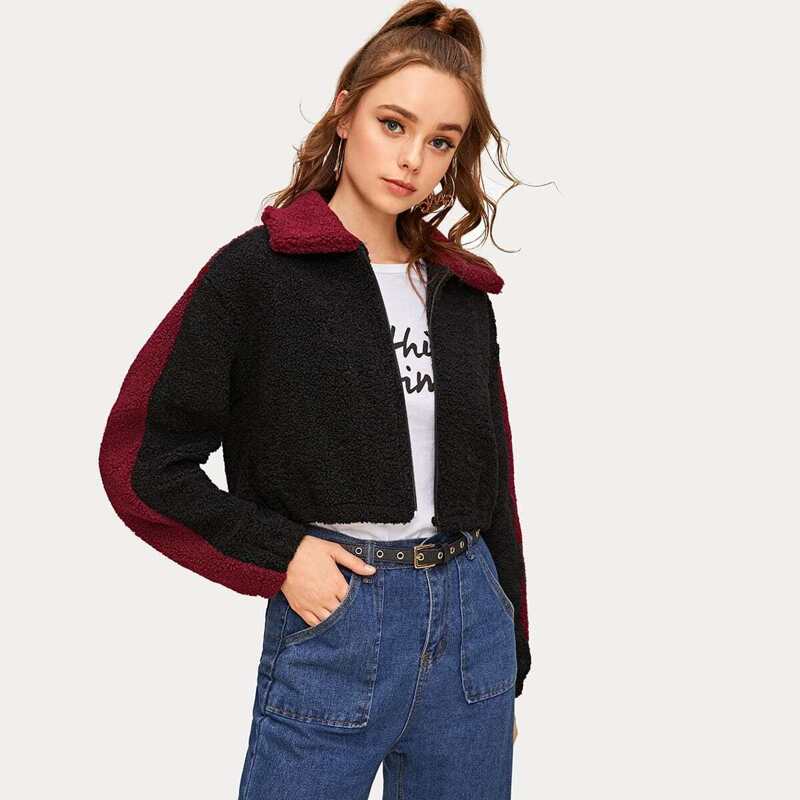 

Contrast Panel Zip-up Teddy Jacket, Black