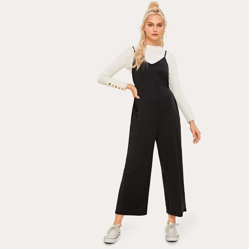 

Solid Side Knot Cami Jumpsuit, Black