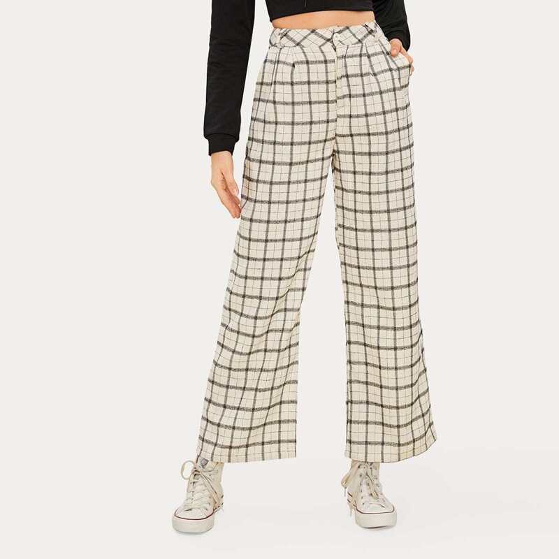 

Plaid High Rise Wide Leg Pants, Black and white