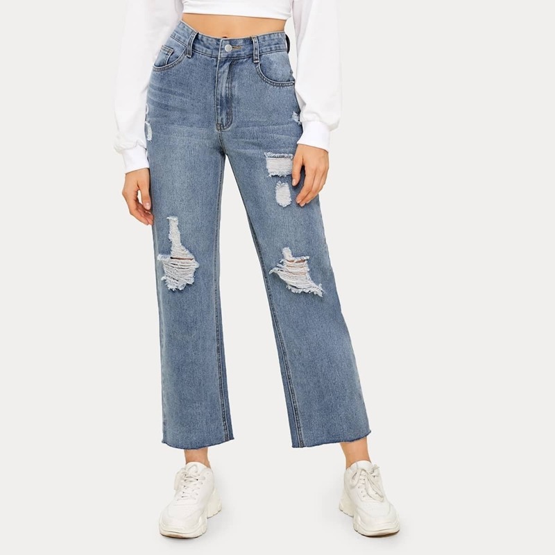 

Ripped Straight Leg Mom Jeans, Blue