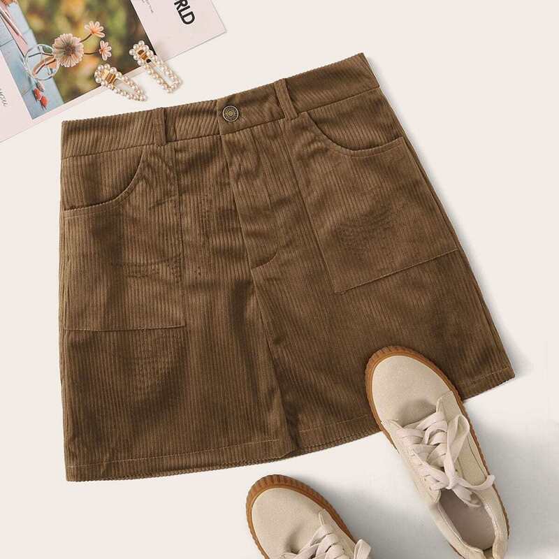 

Solid Dual Pocket Corduroy Skirt, Brown