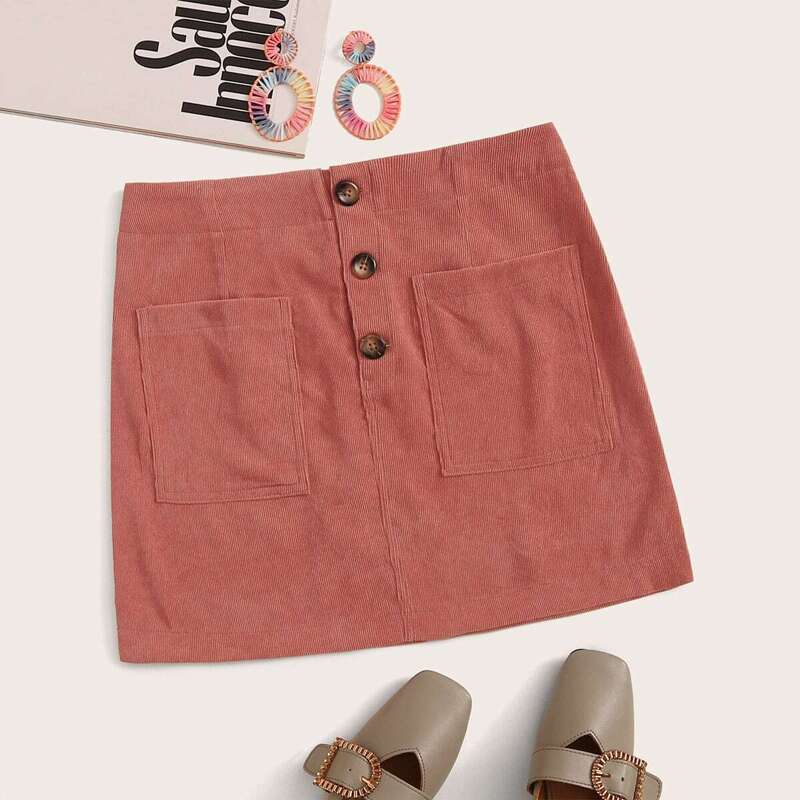 

Dual Pocket Button Detail Corduroy Skirt, Pink