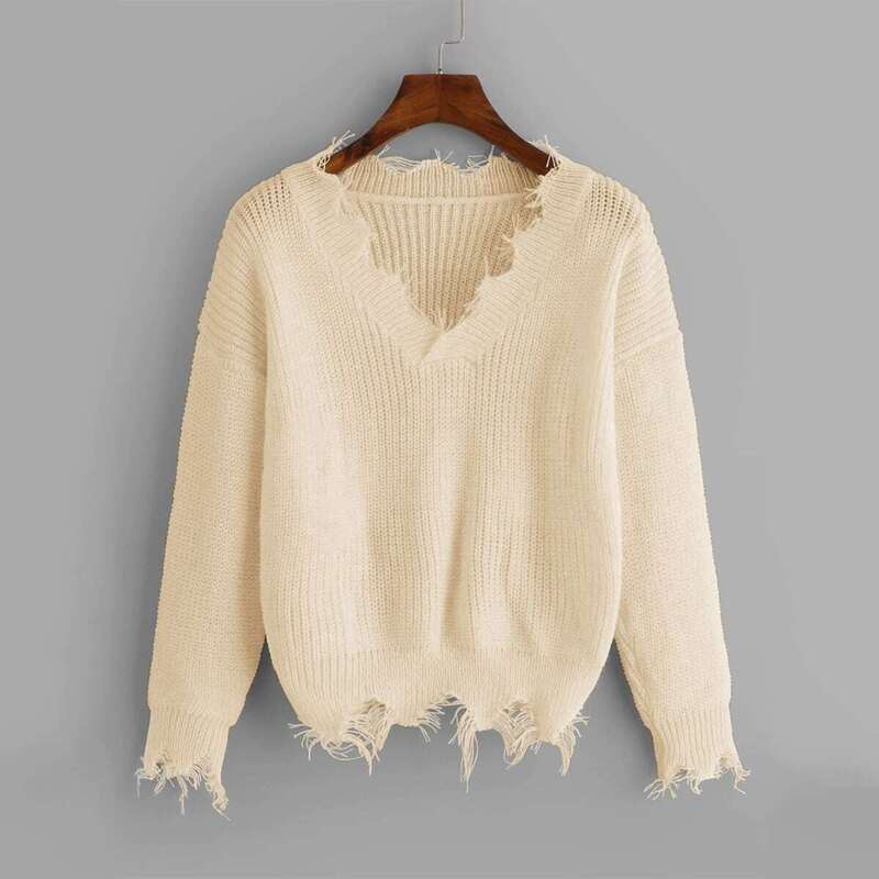 

Solid V-neck Drop Shoulder Raw Hem Jumper, Beige