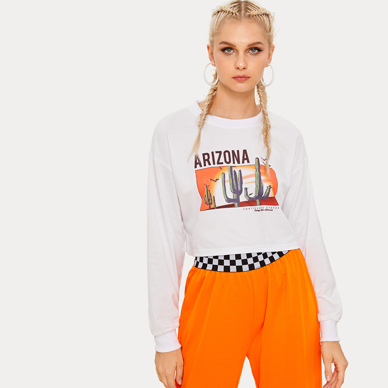 

Letter & Cactus Print Crop Sweatshirt, White