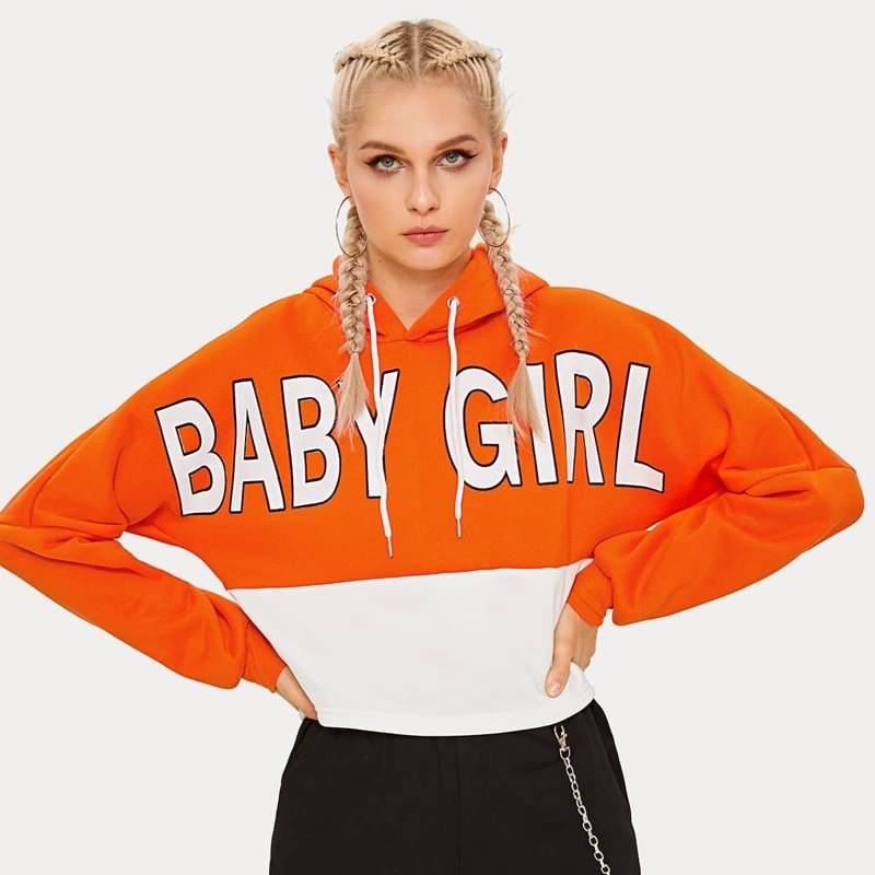 

Contrast Panel Letter Print Drawstring Hoodie, Orange bright
