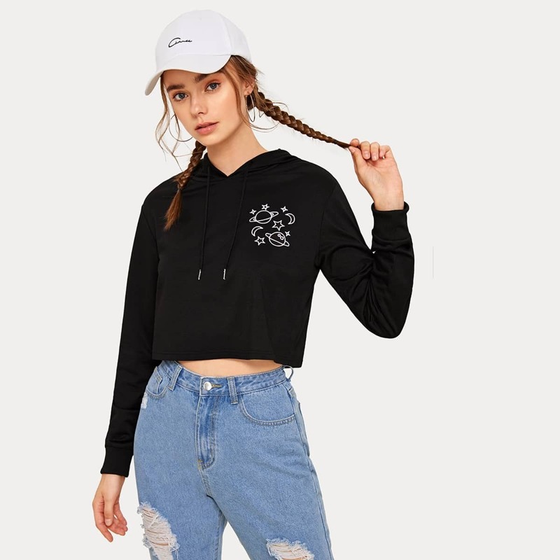 

Planet Print Drawstring Crop Hoodie, Black