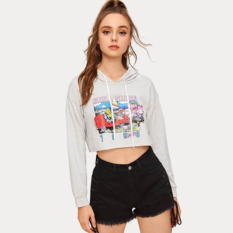 

Cartoon Print Drawstring Crop Hoodie, Grey