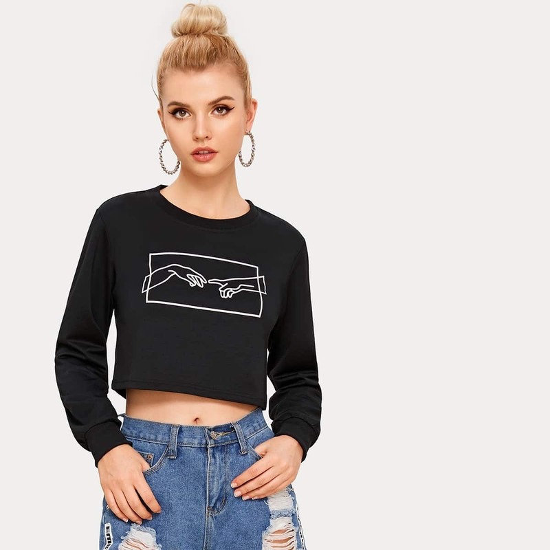 

Hands Print Round Neck Crop Sweatshirt, Black