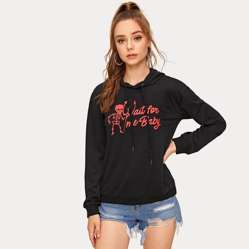 

Skull & Letter Print Drawstring Hoodie, Black
