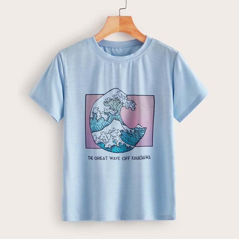

Letter And Sea Wave Print Tee, Blue pastel