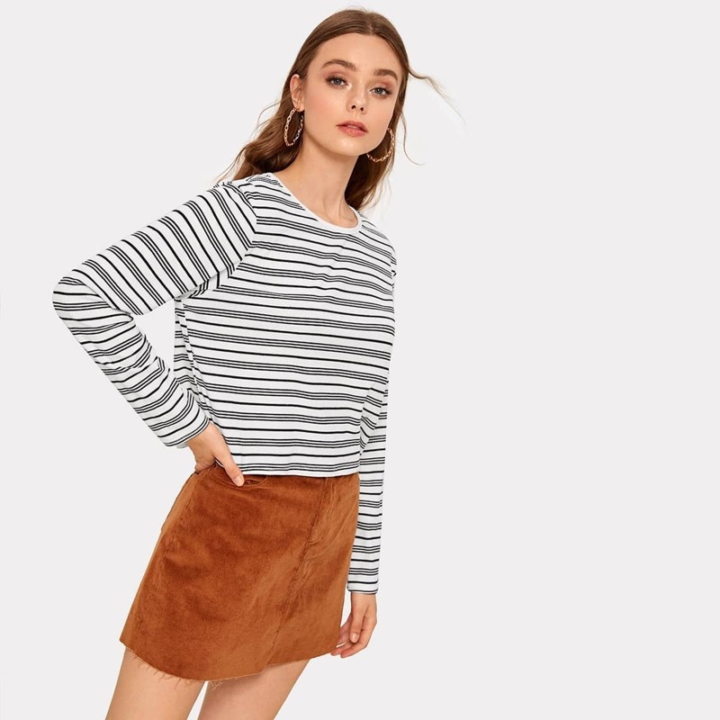

Striped Long Sleeve Ribbed Tee, Black and white